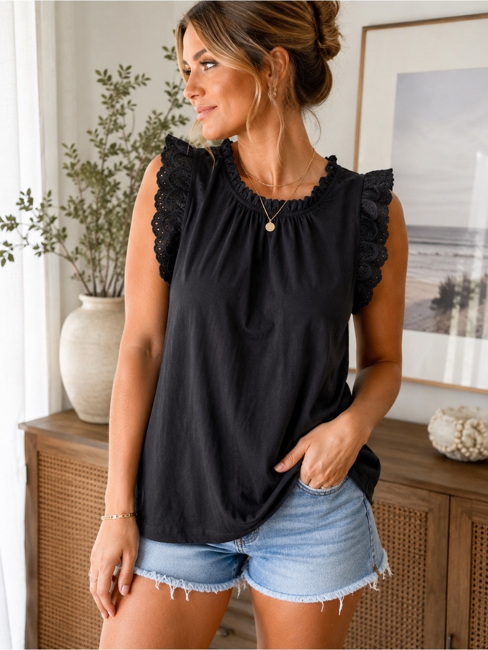 Lauren Conrad LC Black Eyelet Lace Flutter Sleeve Top | XL | NWT
